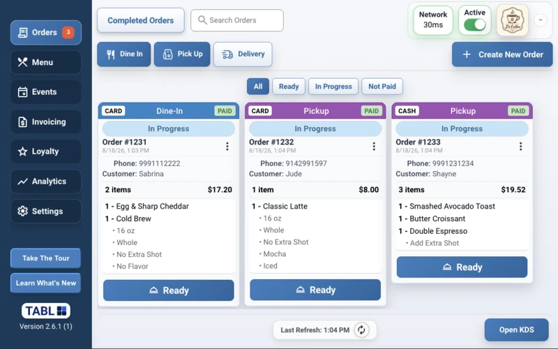 TABL Portal coffee shop POS order queue screen preview